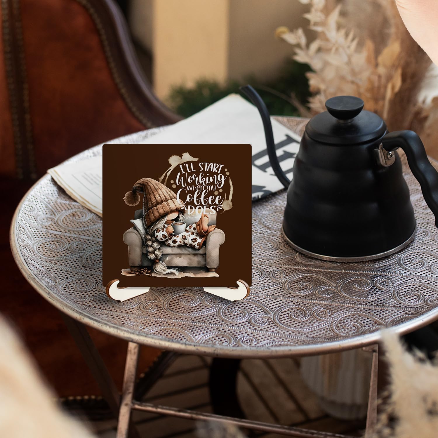 Funny Gnome Coffee Bar Wooden Desk Decor Sign 5x5 Inch,I'll Start Working When My Coffee Does Signs Plaque With Wooden Stand for Cafe Home Office Desk Table Shelf Decoration, Brown Coffee Wooden Sign With Stand image 4
