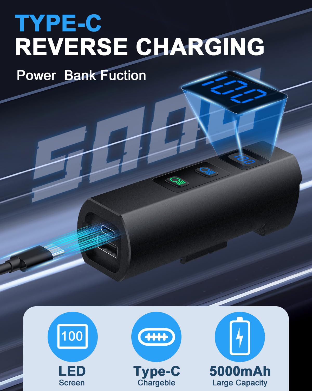 Luci anteriori da 1200 lumen per guida notturna, 5+5+3 modelli e display di potenza a LED, faro per bicicletta ruotabile a 360° con abbaglianti anabbaglianti, 5000 mAh, ricaricabile e