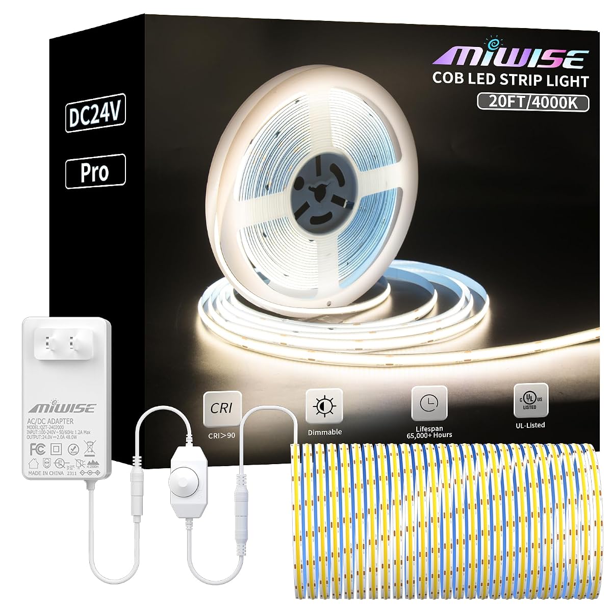 MIWISE COB LED Strip Light, 20ft/6.1m, Dimmable 4000K Natural White, High