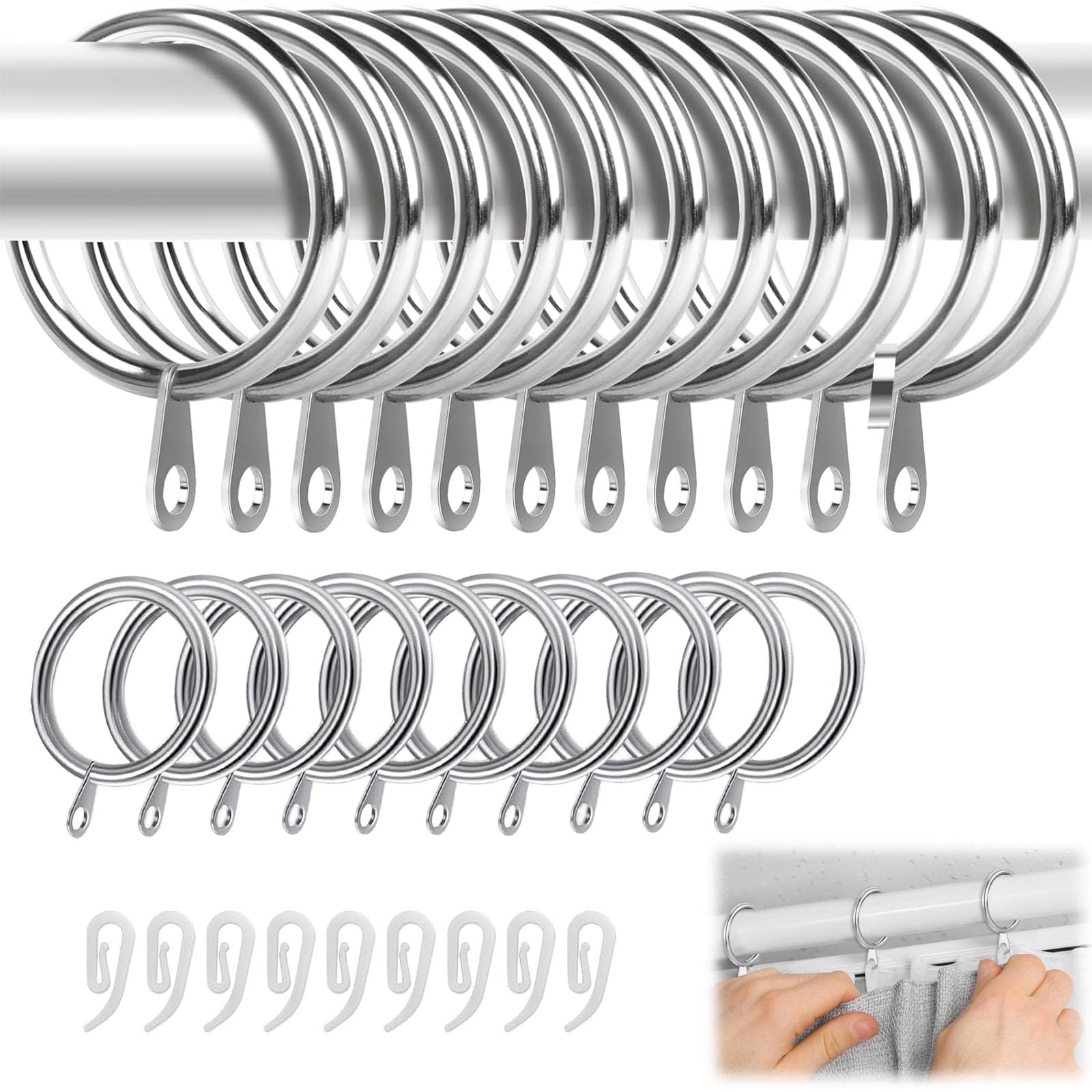 25 Pack Metal Curtain Rings Drapery,Hanging Rings with Plastic Hooks, for Curtain Poles Rods 30 mm Internal Diameter (silver)