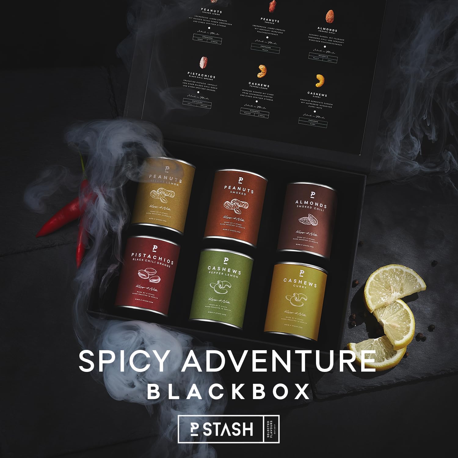 P-Stash Black Box Lot de 6 boîtes de mélange de noix Spicy Adventure – Noix de cajou, amandes, pistaches et cacahuètes – Mixed Nuts avec combinaisons d'épices uniques, grillées à la main à Berlin