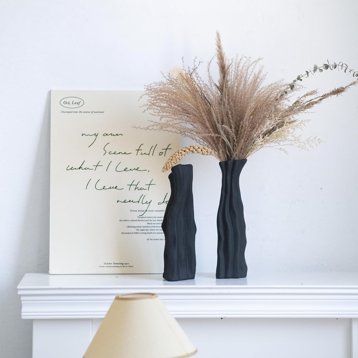 Modular Rockery Art Vase Set of 2, Separatable Centerpiece Table Decorations - 11" Tall Matte Black Ceramic Vases for Flowers, Pampas Grass, Modern Nordic Boho Home Decor (Black)