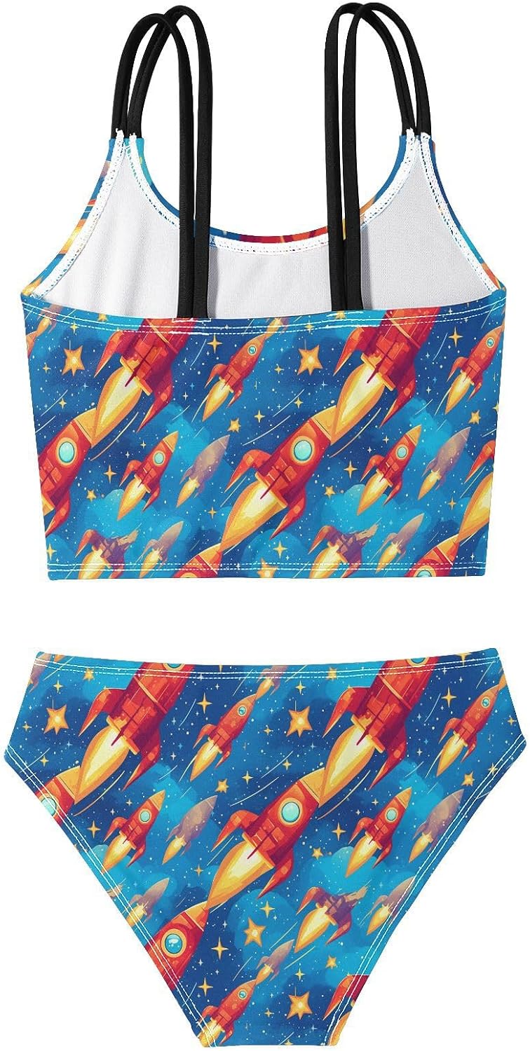 Girls Two Piece Swimsuits Cartoon Red Rocket Bikini Set Swimwear Kids Bathing Suit for Girls 5-12 Years