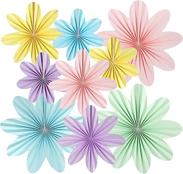 Paper Flowers Decorations for Wall, Kaluofan 9 PCS Paper Fans Party Decorations, Pastel Classroom Decor Hanging Floral Decorations for Birthday Weddding Festival Carnival Summer Party
