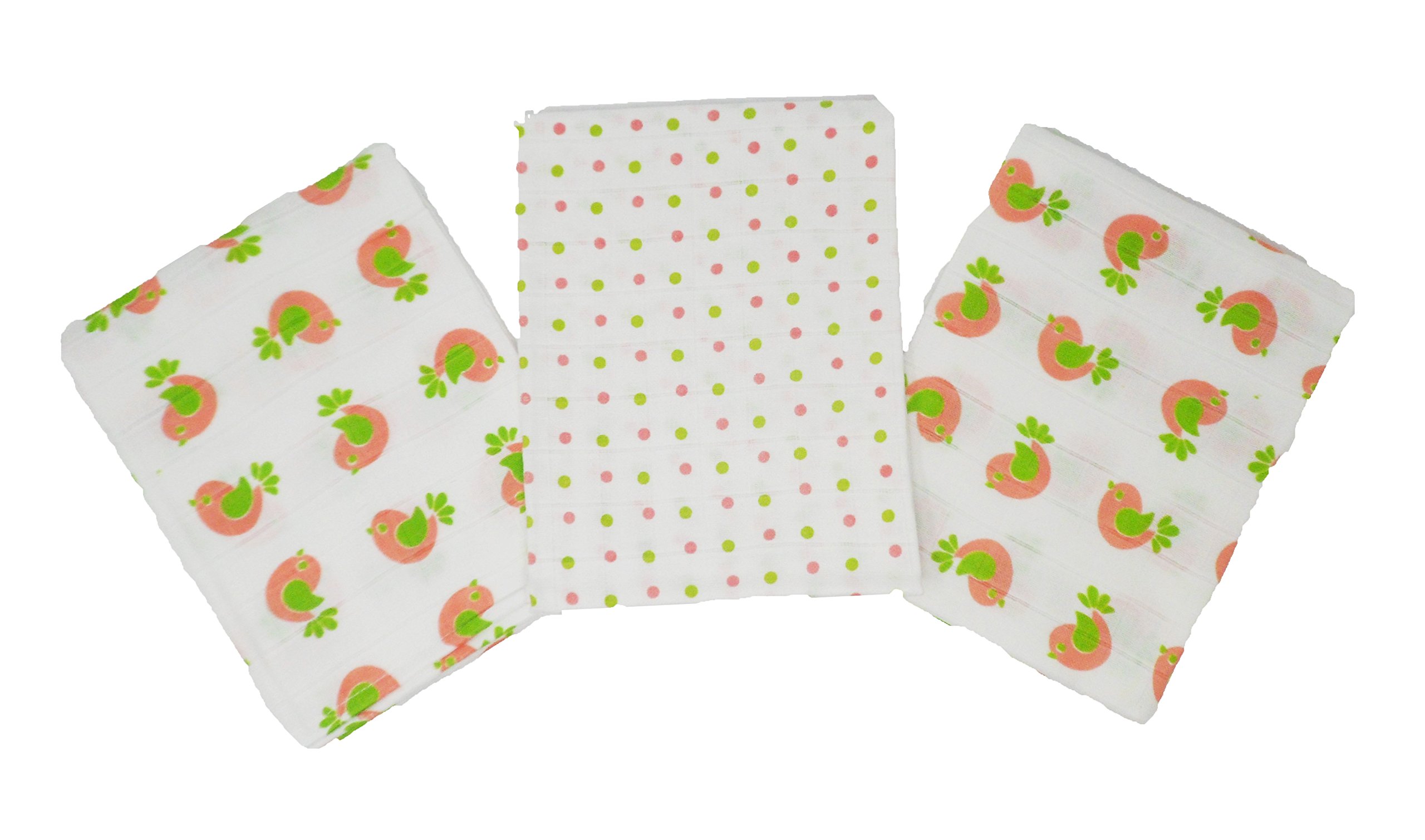 KATIES PLAYPEN / BABY BEST BUYS Burp Squares 100% Cotton Supersoft 3 Pack - 2 Pink Bird & 1 Spot Design, Pink, White, 70x70cm