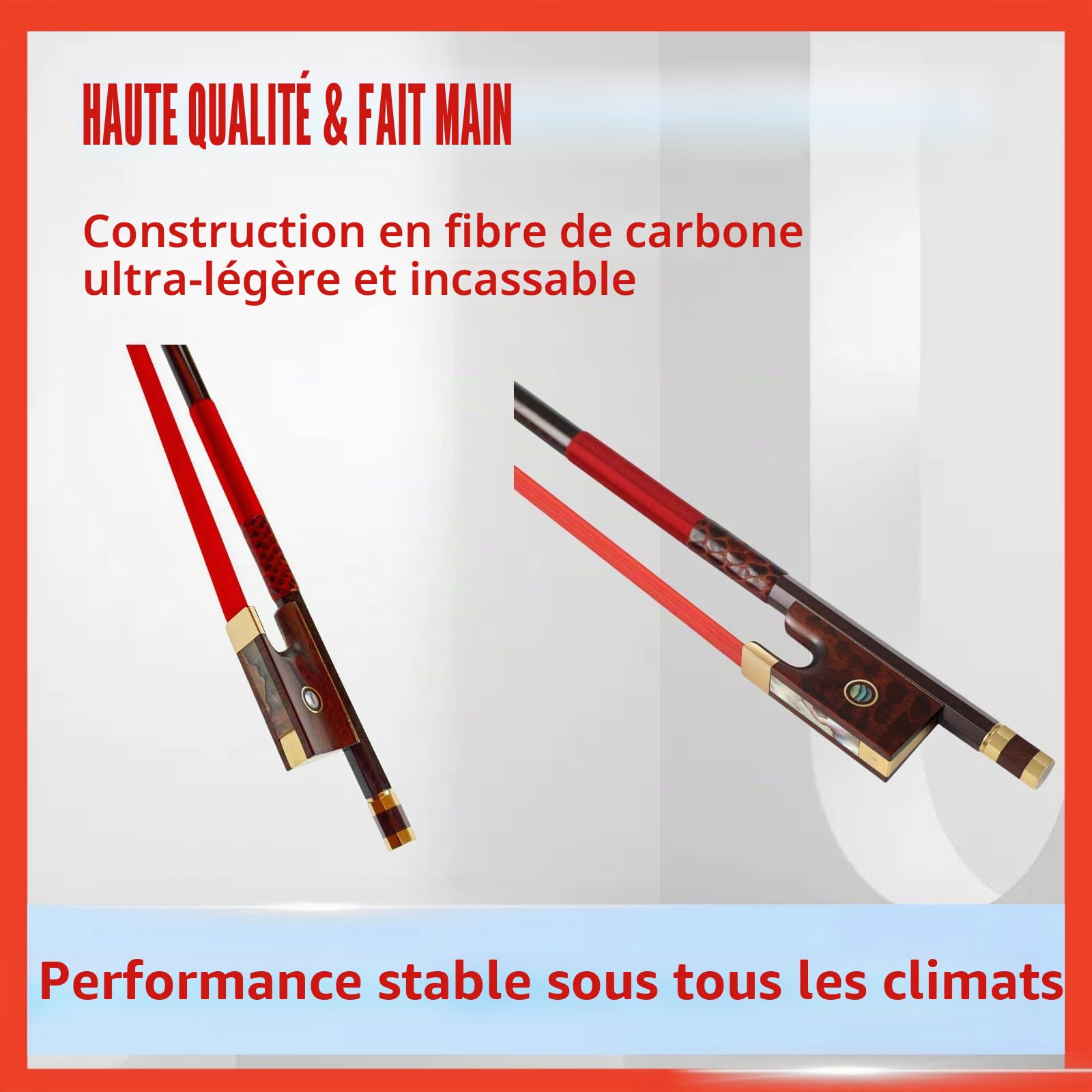 Archet de violon en fibre de carbone 4/4 ultra léger et incassable avec crin de cheval coloré, incrustations de grenouille en bois de serpent et nacre, qualité professionnelle pour les voyages et les