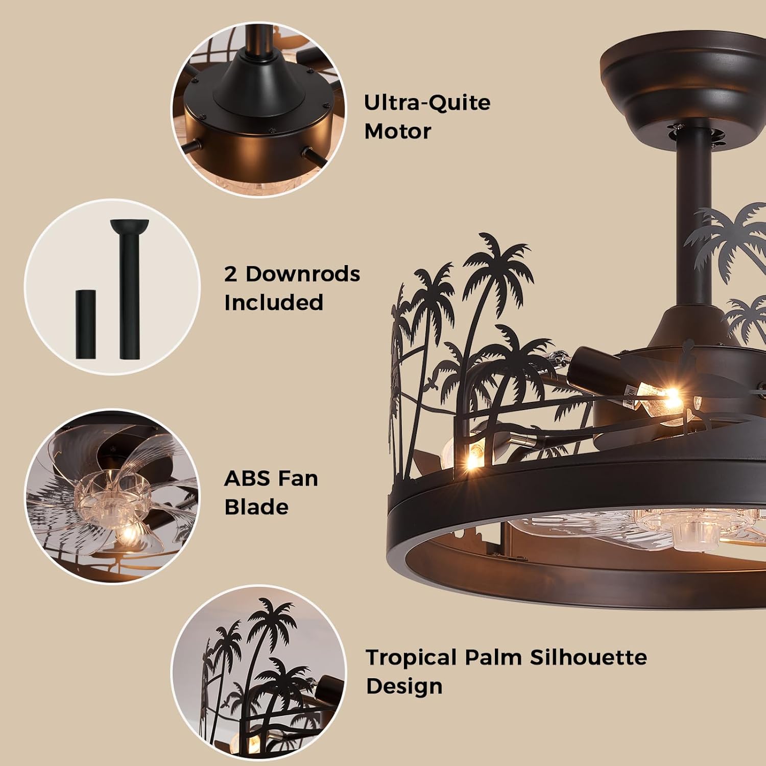 Rustic Island Style Ceiling Fan with Light and Remote, Tropical Palm Tree Design Decorative Metal Shade, Height Adjustable Industrial, Quiet Reversible for Living Room, Bedroom