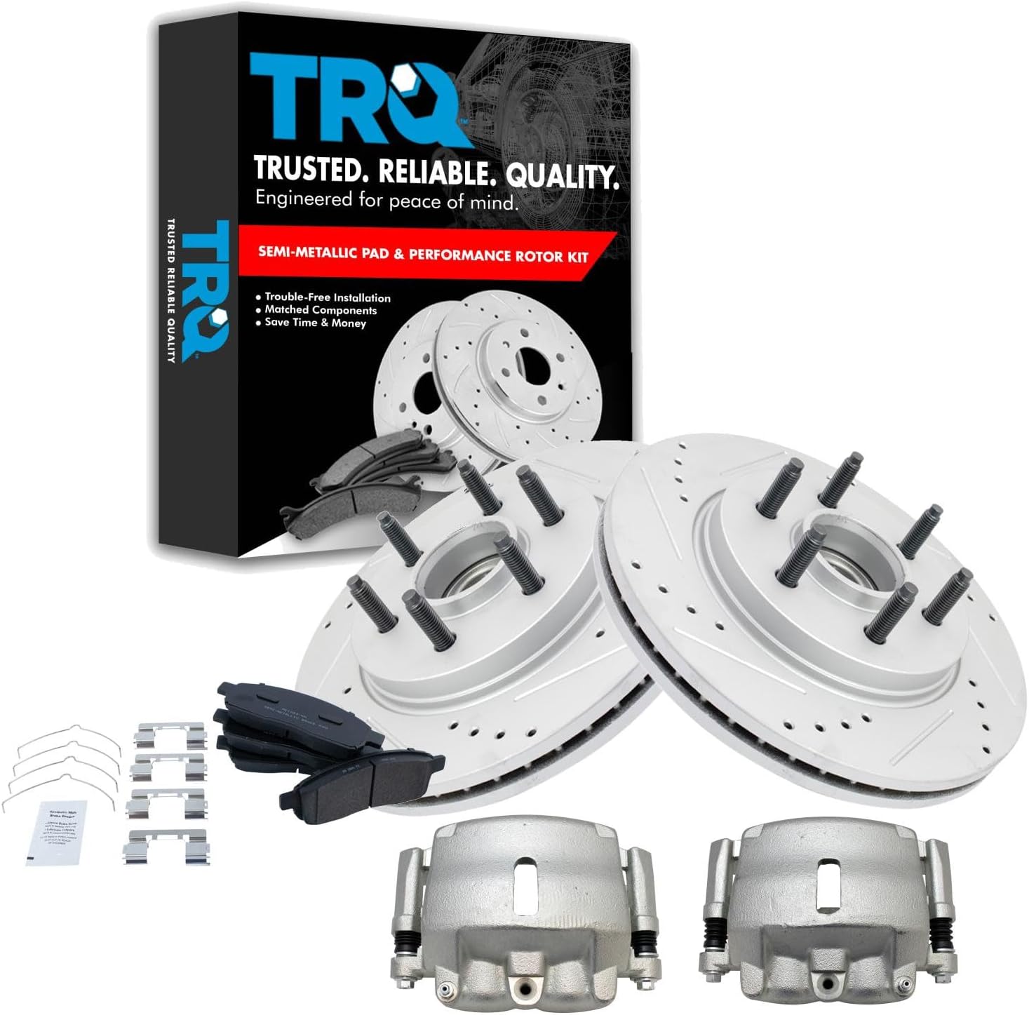 TRQ Front Performance Brake Pad & Rotor Kit Brake Caliper Brake Pads Brake Rotor Semi-Metallic Vented Premium G-Coated Compatible with 2005-2008 Ford F-150 2006-2008 Lincoln Mark LT
