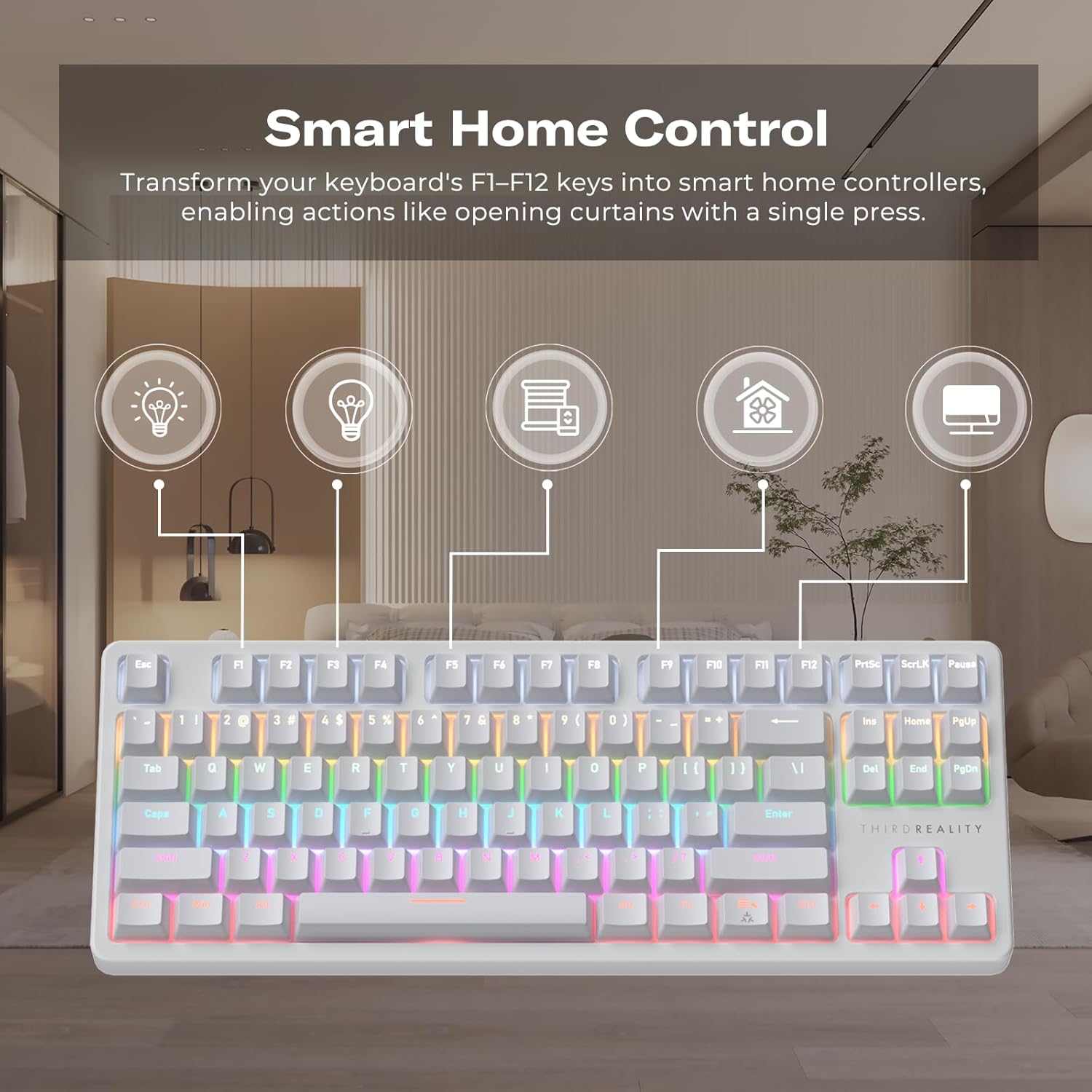 THIRDREALITY Smart Mechanical Keyboard MK1, Matter Over WiFi, 87-Key Wired Gaming Keyboard/USB-A, 44 Customizable RGB Lighting, Work with Home Assistant, SmartThings, Apple Home (White)