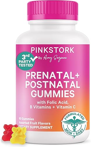 Pink Stork Fertilidad + vitaminas prenatales + gomosas posnatales – Apoyo completo para el viaje de la maternidad – Multivitamínico con folato,