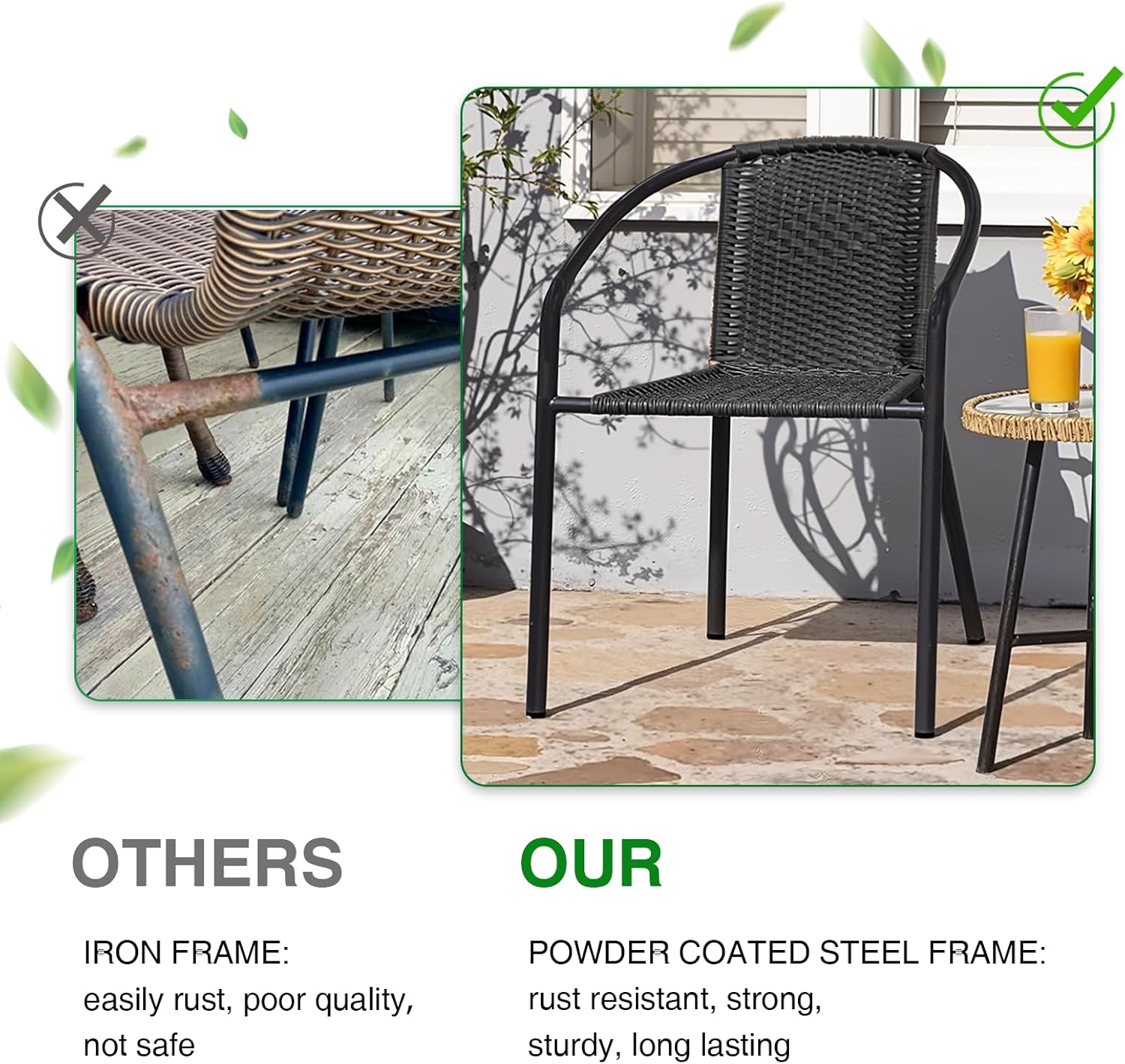 Outdoor Chairs Stackable - Set of 4 Indoor Outdoor Dining Rattan Chairs Curved Back, All Weather Bistro Patio Chairs, Black