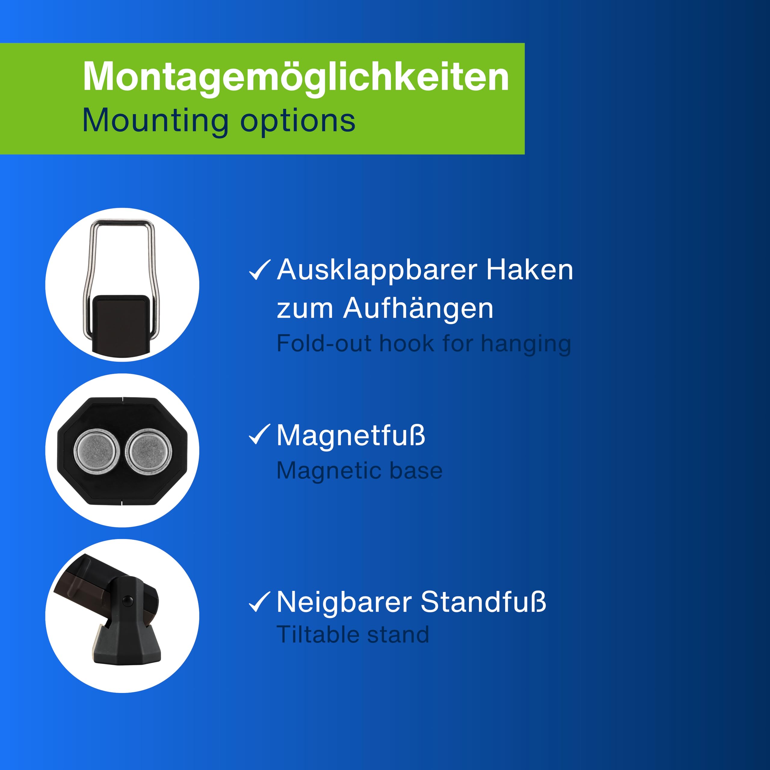 REV LED Arbeitsleuchte - Kompakte Akku Handlampe mit klappbarem Standfuß & Aufhängehaken, Inspektionslampe - ideal für Werkstatt & KFZ, grau