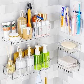 SuoXing Adhesive Shower Racks for Inside Shower,5 Pack Clear Acrylic Rustproof,Plastic Bathroom Shelves Storage with Soap Dish Toothbrush Holder and 6 Hooks,Shampoo and Conditioner Holder,No Drilling