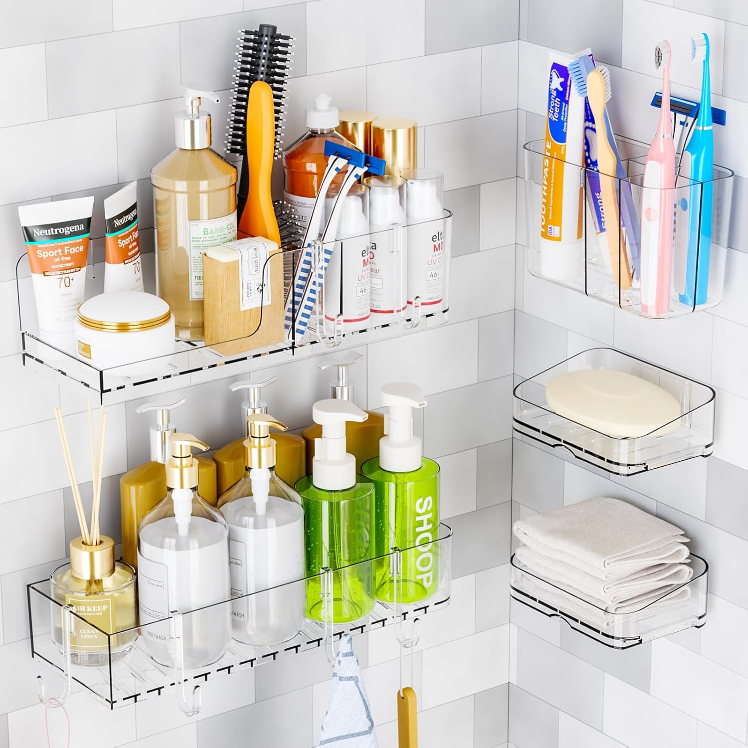 SuoXing Adhesive Shower Racks for Inside Shower 5 Pack Clear Acrylic Rustproof Plastic Bathroom Shelves Storage with Soap