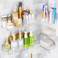 SuoXing Adhesive Shower Racks for Inside Shower 5 Pack Clear Acrylic Rustproof Plastic Bathroom Shelves Storage with Soap