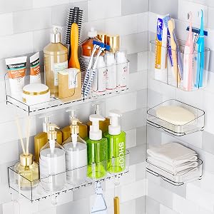 SuoXing Adhesive Shower Racks for Inside Shower 5 Pack Clear Acrylic Rustproof Plastic Bathroom Shelves Storage with Soap