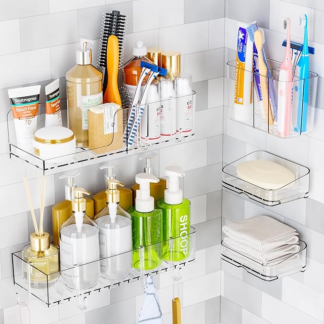 SuoXing Adhesive Shower Racks for Inside Shower 5 Pack Clear Acrylic Rustproof Plastic Bathroom Shelves Storage with Soap