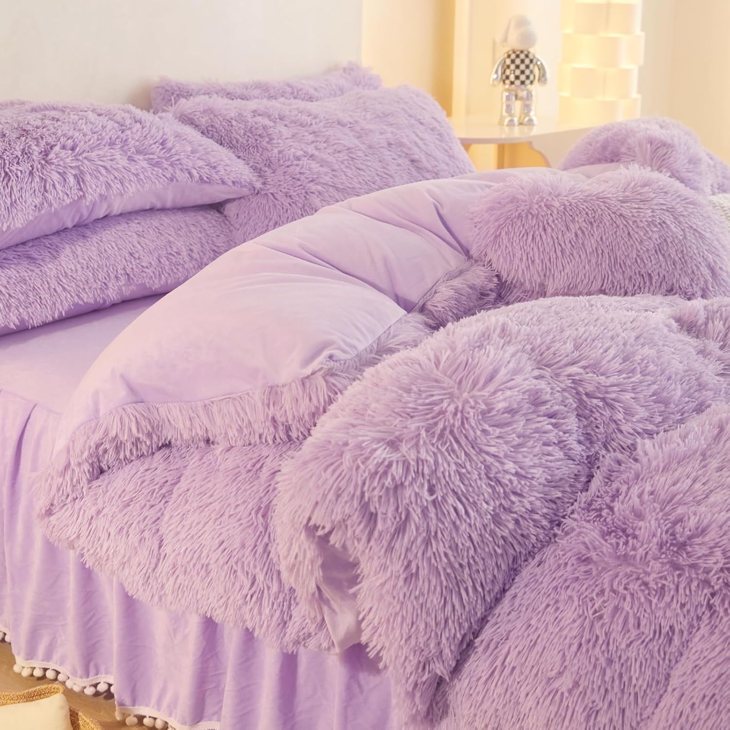Fluffy Lavender Comforter Cover Full Size Set, Soft Furry Plush Lavender Bedding Full Size 3 Pieces (1 Fuzzy Duvet Cover + 2 Faux Fur Pillow Cases) Fluffy Bed Set, Zipper Closure