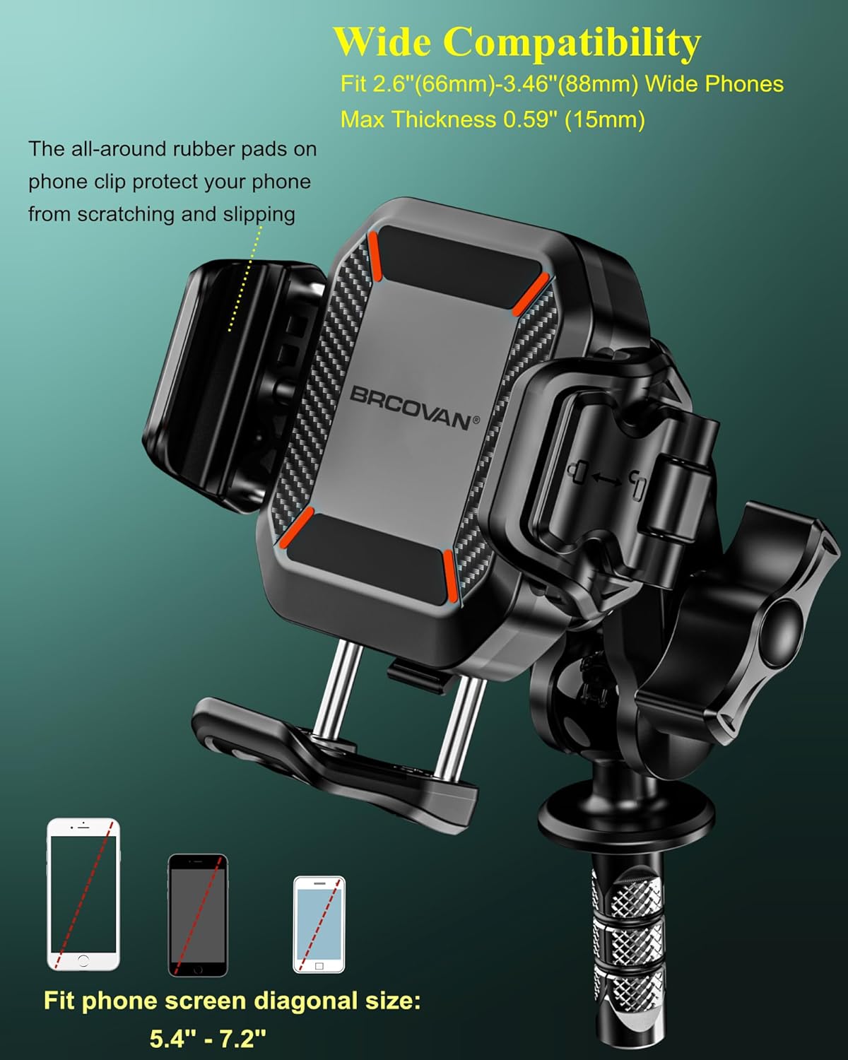 BRCOVAN Anti-Theft Motorcycle Fork Stem Phone Mount Holder with Vibration Dampener [1s Lock] [Camera Friendly] Adjustable Size Mobile Phone Cradle Fit 5.4-7.2" Cellphones