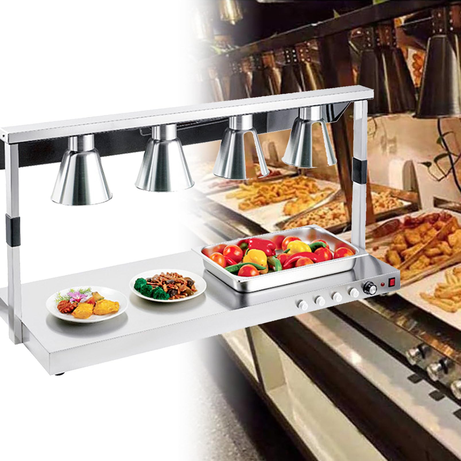 JKJZSALJ Commercial Food Warmer Lamp, Stainless Steel Buffet Heater For Restaurants And Kitchens, Ideal For Keeping Pizza And Food Warm,Silver,fourheads