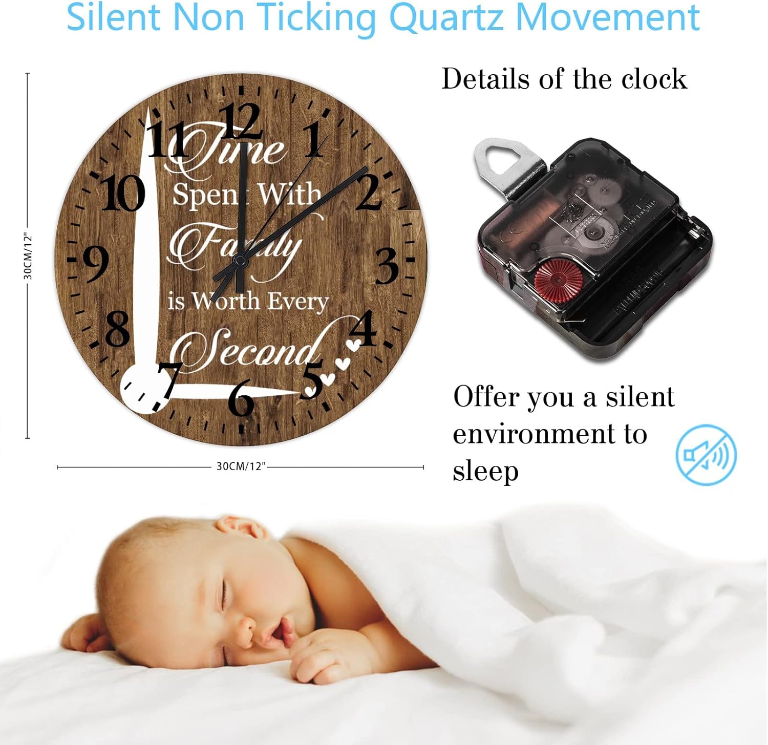 Time Spent with Family is Worth Every Second Wall Clock 12 Inch, Family Living Room Kitchen Dining Bedroom Clocks for Living Room Decor Silent Non-Ticking Battery Operated Round Clock for Living Room