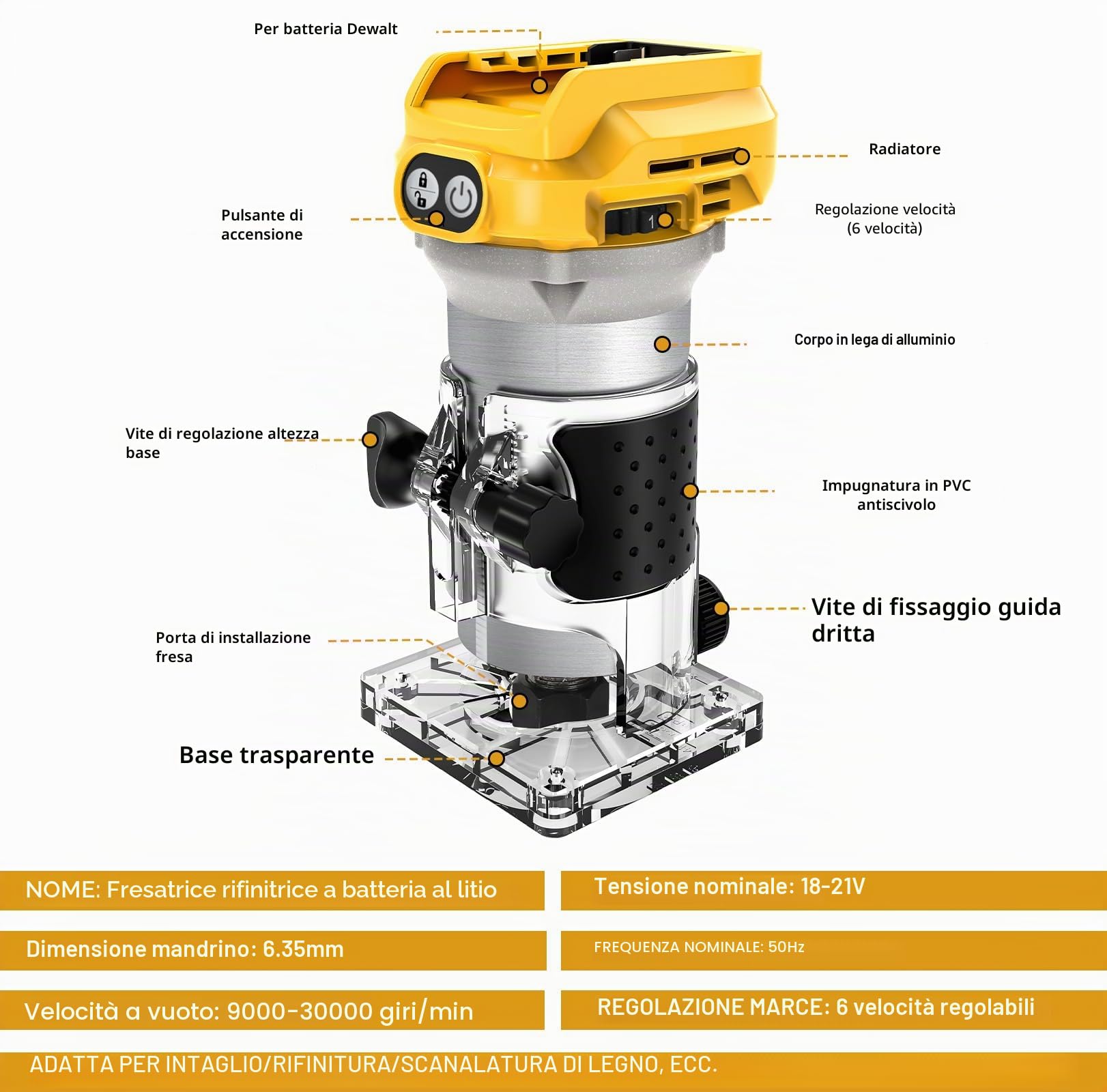 WingFly Fresatrice per Bordi a Batteria per Dewalt 18 V, 20 V, Rifilatore Fresatrice Portatile Senza Spazzole per Lavorazione del Legno, con Set di Frese da 15 Pezzi