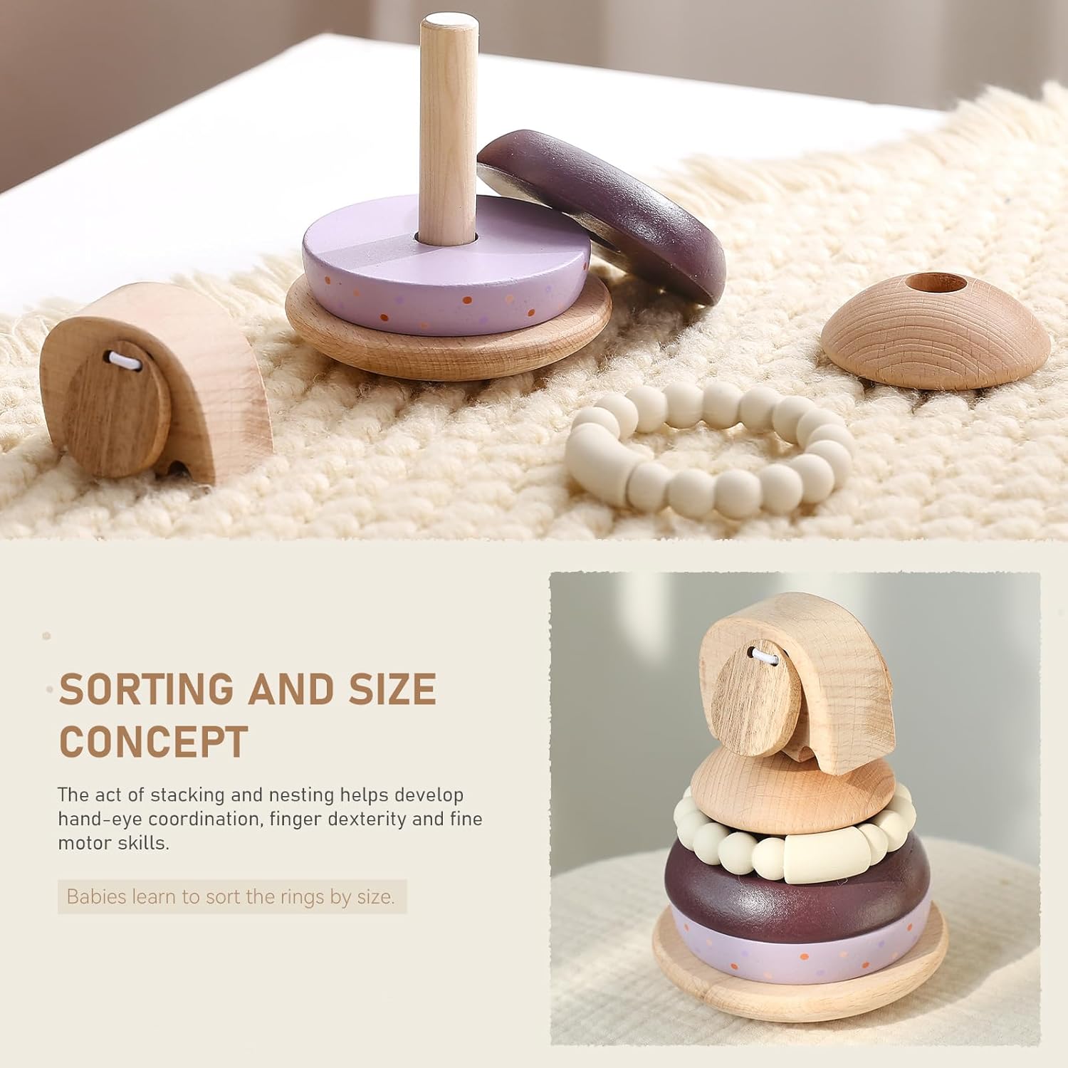 Baby Stacking Rings Toy, Wooden Elephant Stacker with Soft Silicone Teether, Montessori Educational Toy for Infants & Toddlers, Early Learning Gift image 4 of 8 B0DMWDPYNK
