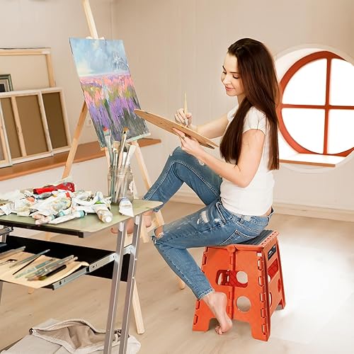 Miniatura 31 de Flottian Taburete plegable de 18 pulgadas para adultos y niños con capacidad para hasta 300 libras, taburetes plegables antideslizantes con asa,