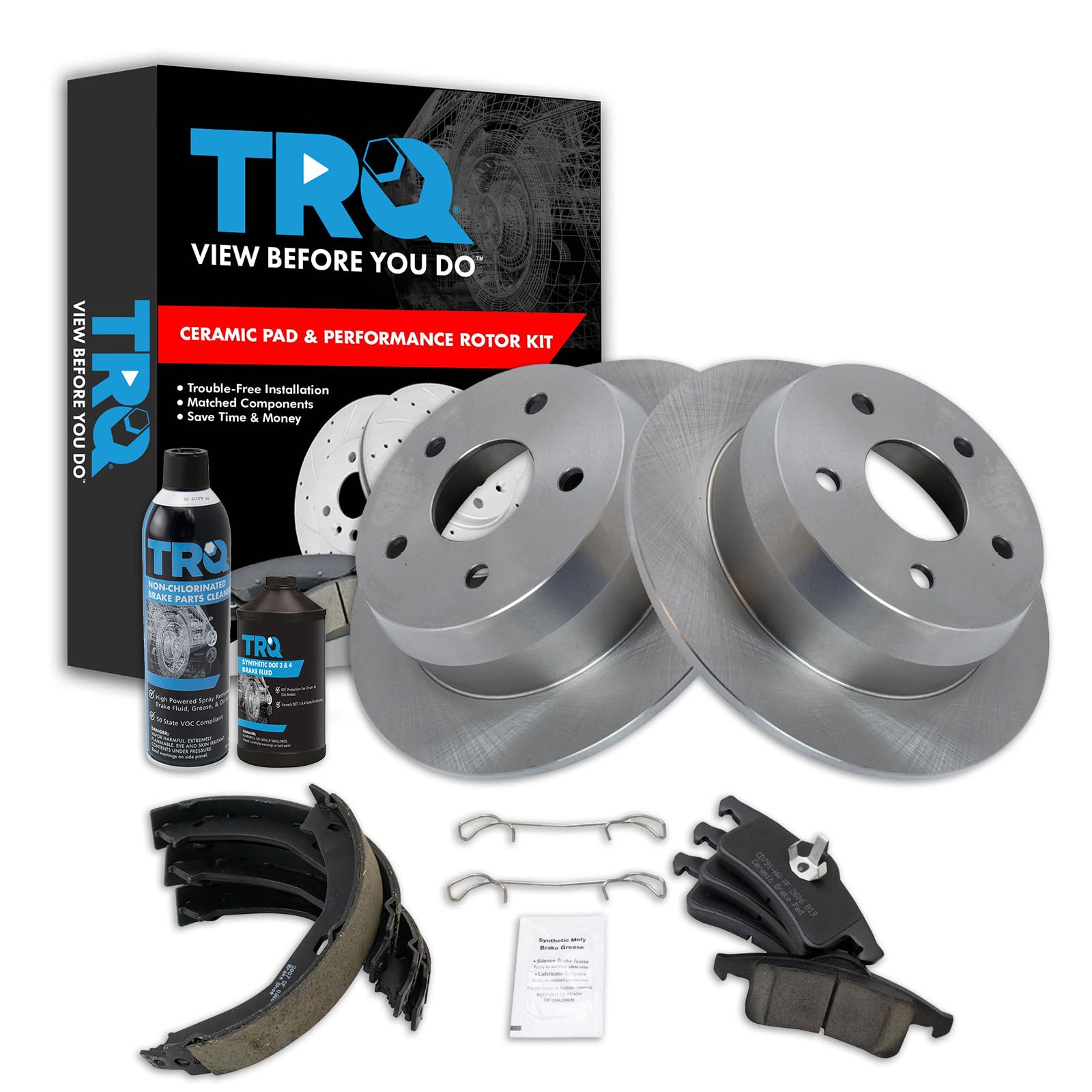 TRQ Rear Brake Pad &amp; Rotor Kit, with Chemical Kit Parking Brake Shoe Set Ceramic Compatible with 1999-2004 Jeep Grand Cherokee