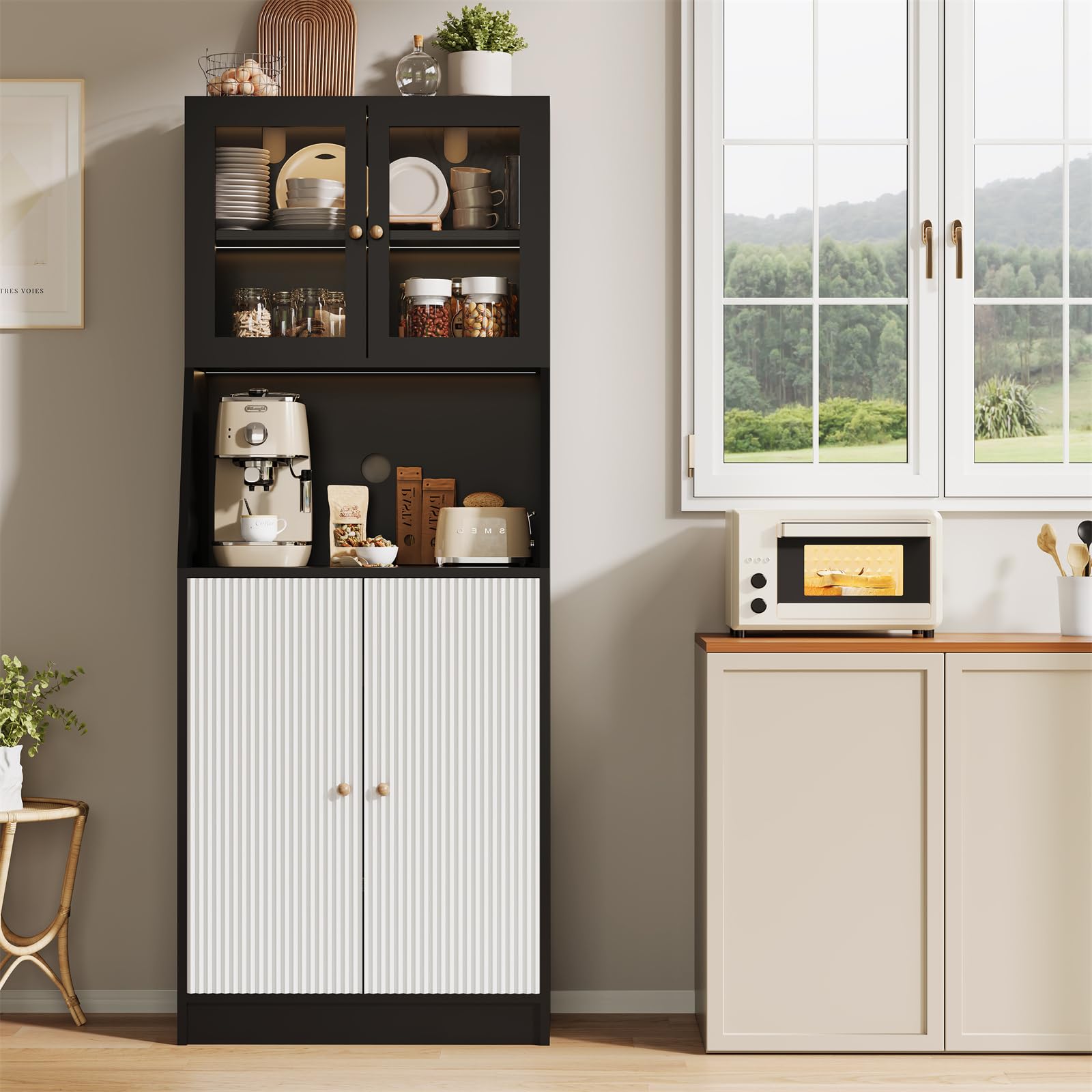 Küchenschrank mit Arbeitsfläche, Buffetschrank mit LED, Mehrzweckschrank, pantryküche, Vorratsschrank mit verstellbaren küchenregal, Küche, Wohnzimmer, Esszimmer, Kabelloch,Schwarz,180x70x40cm
