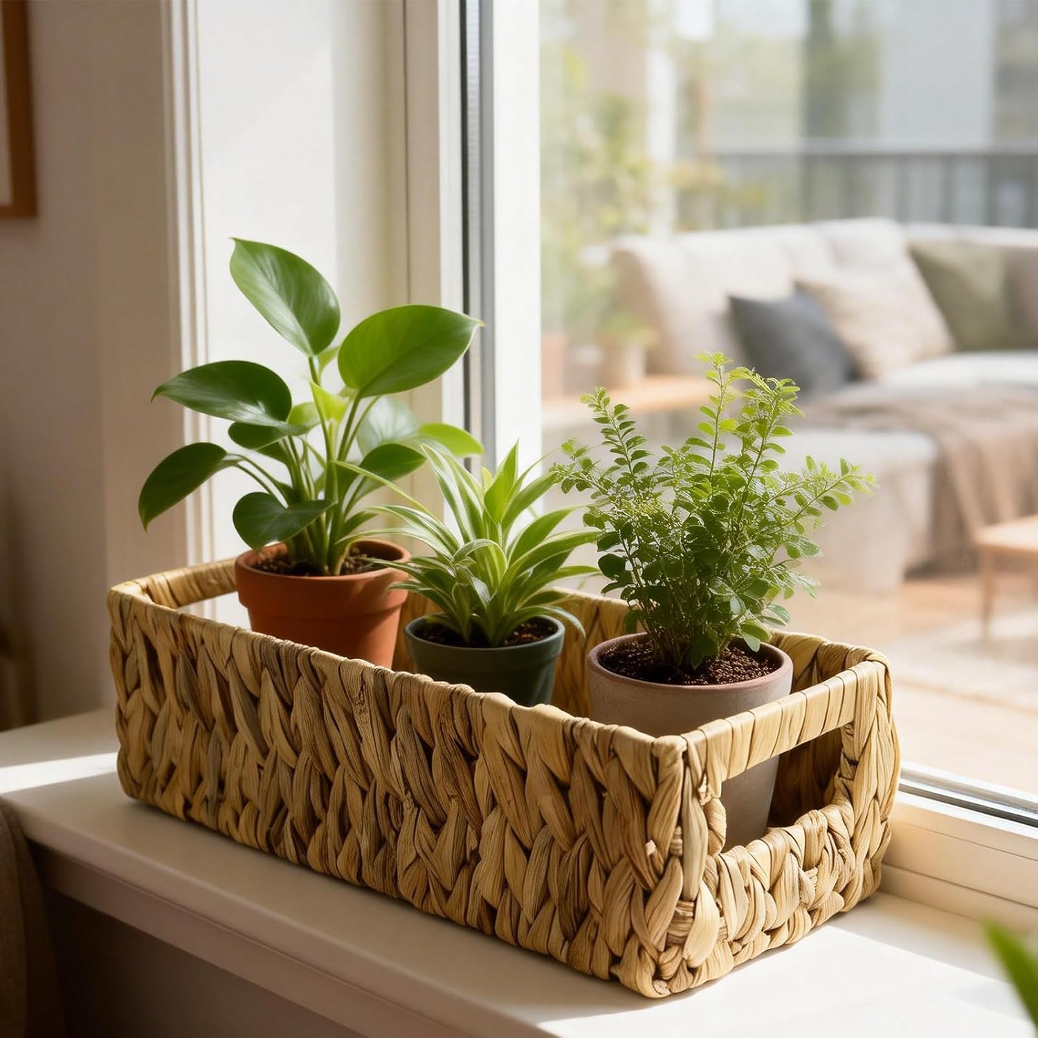 Water Hyacinth Woven Storage Basket with Handles, Handwoven Rectangular Toilet Tank Basket for Living Room, Bathroom, Over Toilet Shelf, Natural Set 2