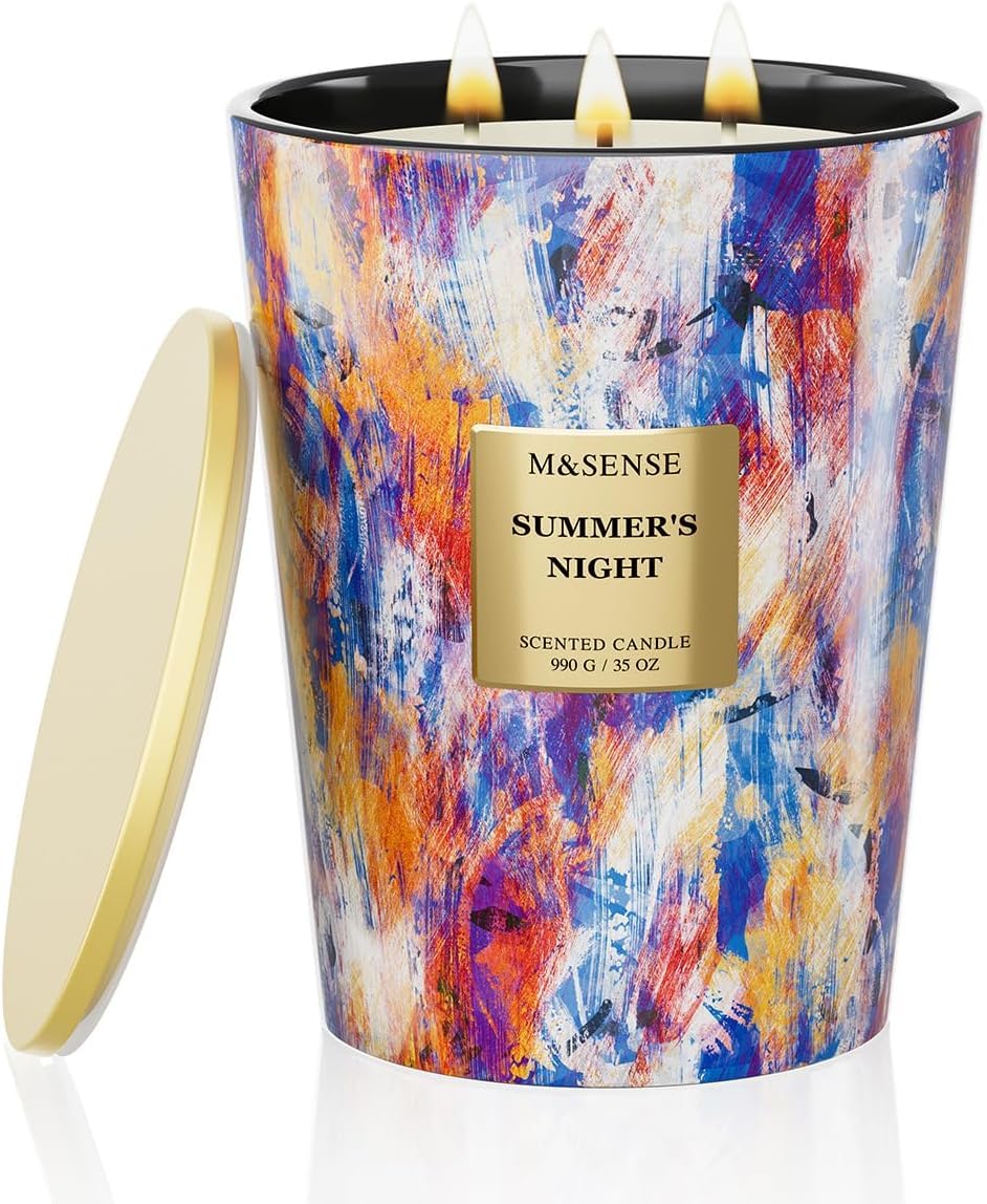 M&SENSE Velas Aromáticas Noche de Verano, 150h Larga Duración, 3 Mechas Velas Bonitas, Cera de Soja 990g Vela Grande, Decoración Hogar, Regalo Original Mujer y Yoga