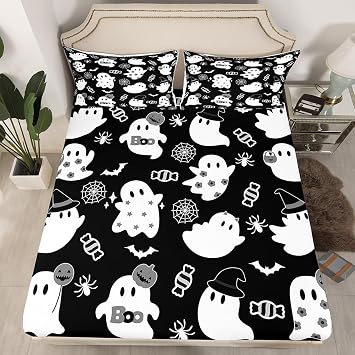 Halloween Ghost Fitted Sheet Full Size,Cartoon Candy Pumpkin Witch Bed Sheet,Black White Bat Spider Bedding Set Kids Girls Boys Room Decor,Daisy Floral Stars Ghost Deep Pocket Sheet,2 Pillowcases