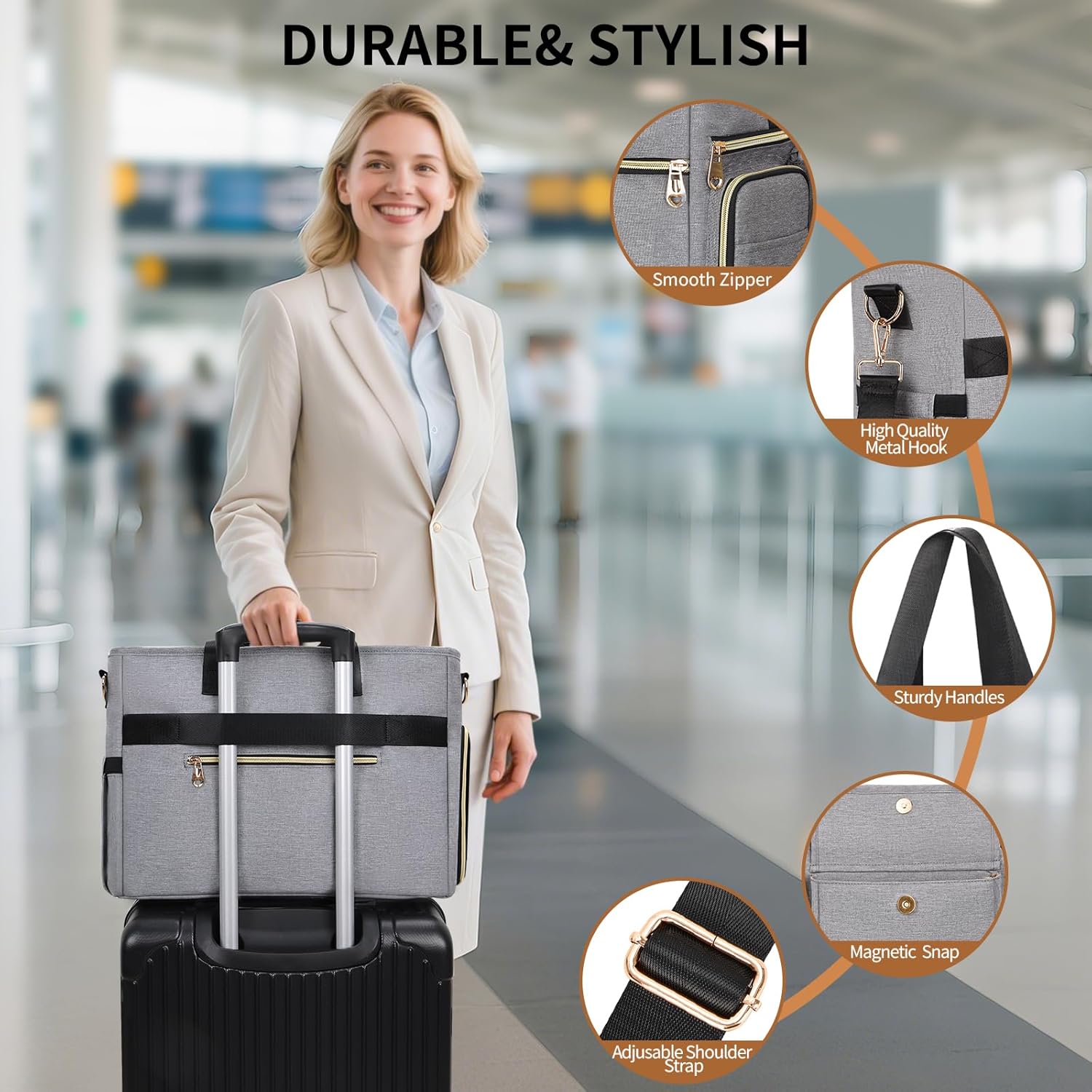 ESTARER Teacher Tote Bag for Women 2Pcs, 15.6'' Laptop Work Bag Computer bag w/Expandable File Folder, Large Water-Resistant Messenger Shoulder bag w/Insulated Pocket for Office/Travel/College, Grey - Image 7