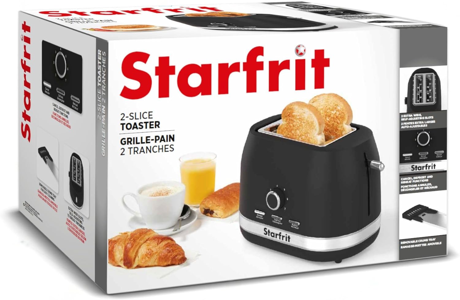 ඉහළ view of the Starfrit 2-Slice Toaster showing extra-wide slots with self-adjusting guides.