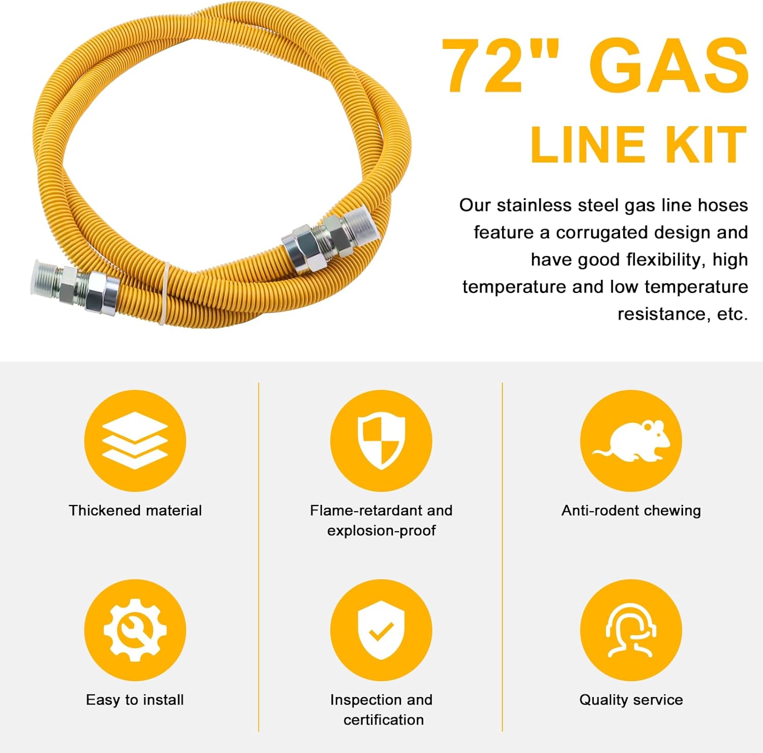 AMI PARTS 72" Flexible Gas Line Kit Yellow Coated, Gas Hose Connector Kit for Dryer, Stove, Water Heater,5/8" OD(1/2" ID) Stainless Steel Gas Line with Connector 1/2" MIP &1/2"FIP & 3/4"MIP Fitting
