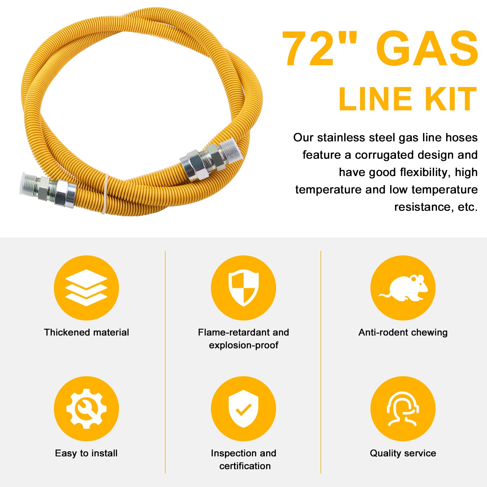 AMI PARTS Kit de línea de gas flexible de 72 pulgadas con revestimiento amarillo, kit de conector de manguera de gas para secadora, estufa, calentador de agua, línea de gas de acero inoxidable de 5/8