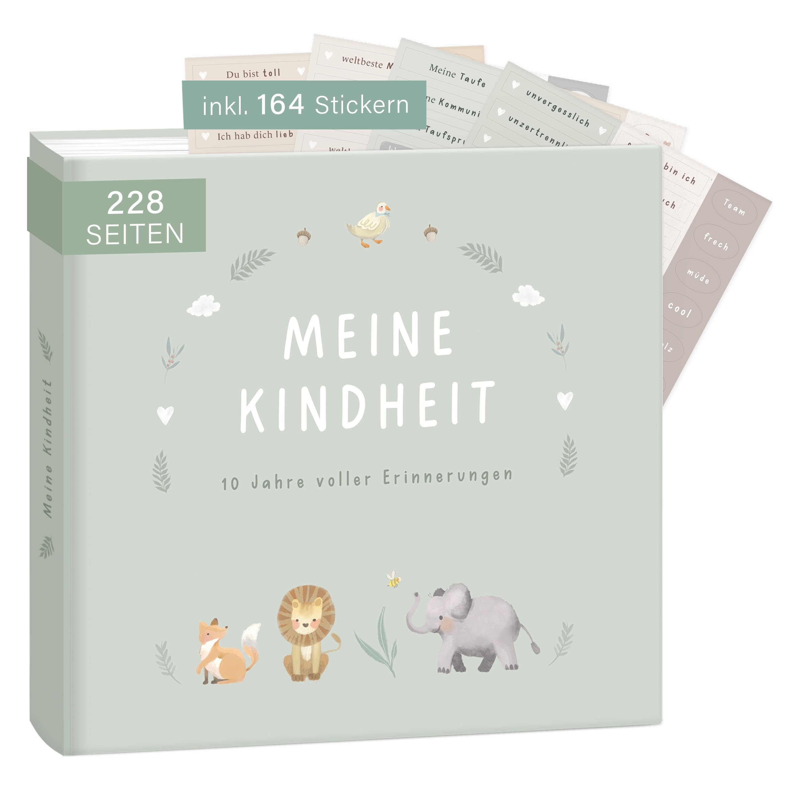 mintkind® Erinnerungsalbum Kindheit Salbei, Babybuch mit Sticker Set, Geschenk zur Geburt, Fotoalbum Kinder, Tagebuch zum Eintragen, Erinnerungsbuch 0–10 Jahre, Hardcover Album