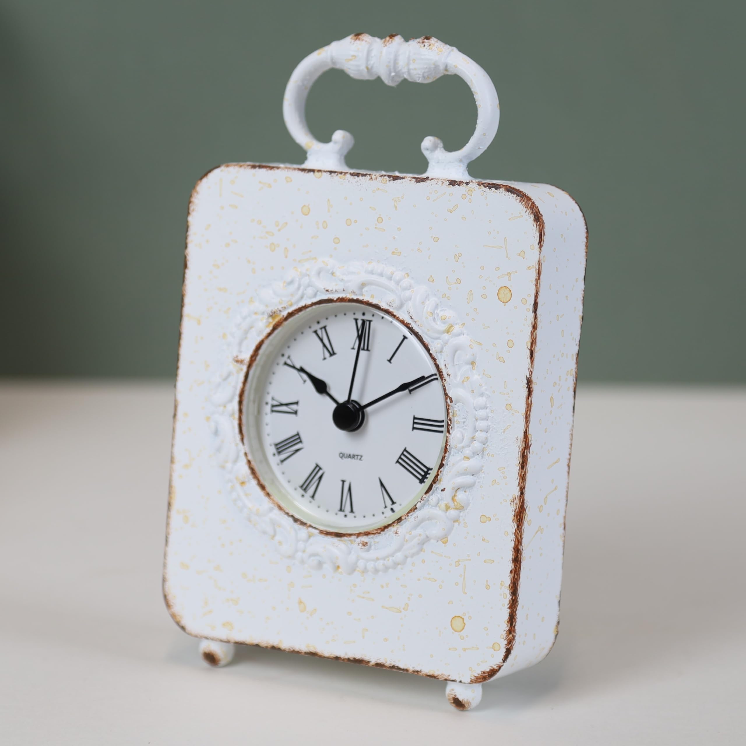 Fyne-Finds 17cm Antique Metal White Carriage Table Mantle Roman Clock Gift Home Table Decor