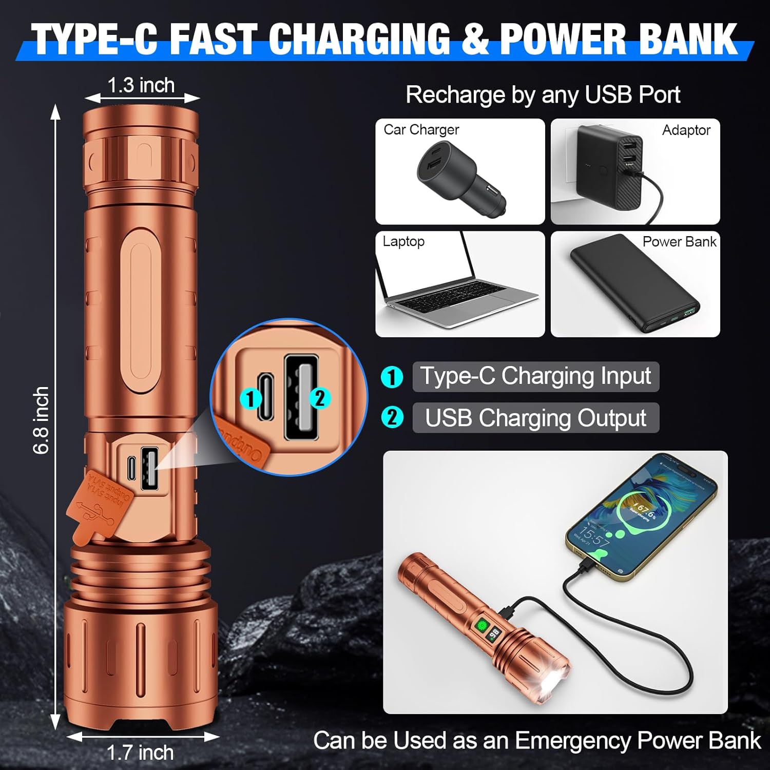Banral Flashlights High Lumens Rechargeable, Super Bright LED Powerful Flashlight, Type-C, 5 Modes, Zoomable, IPX5 Waterproof High Powered Tactical Flash Light for Emergency Camping,Brown