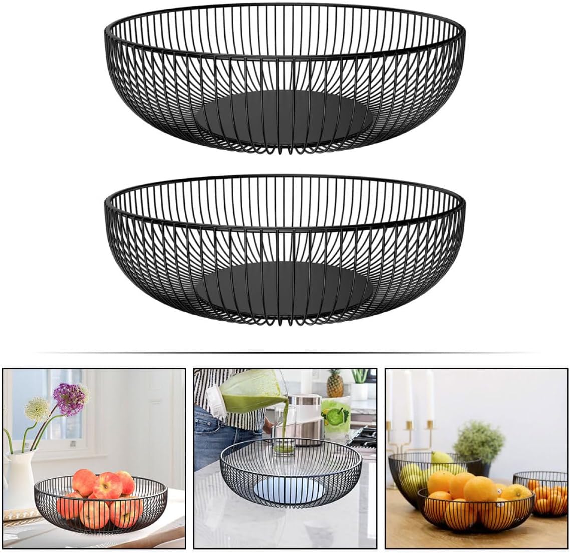 Alipis 2pcs Black Iron Wire Fruit Basket Set with Irregular Edge, Metal Countertop Storage Bowls for Fruit, Snacks, and Kitchen Dining Organizer