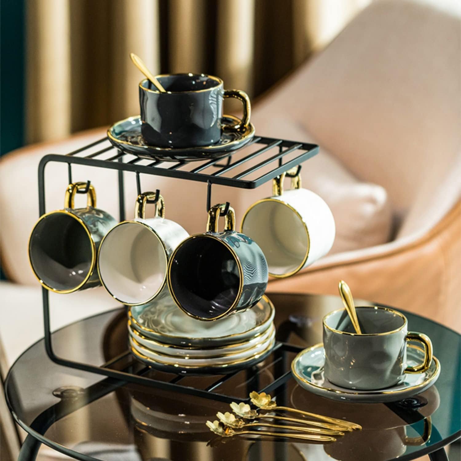 Porcelain Espresso Coffee Cup Set with Saucers Spoons and Metal Stand，8 oz Luxury Cappuccino Milk Royal Cups for Latte Cafe Mocha Cappuccino Gold Trim Exquisite ，Set of 6（3 Color）