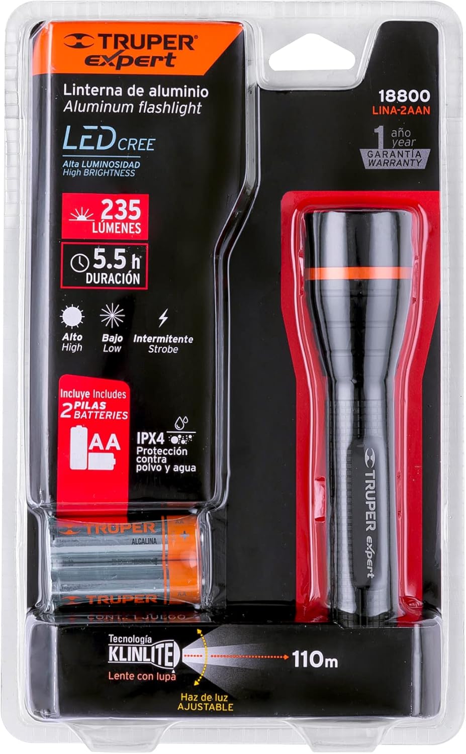 TRUPER LINA-2AAN LED Battery Flashlights, 100 Lumens, Super Bright Cree LED