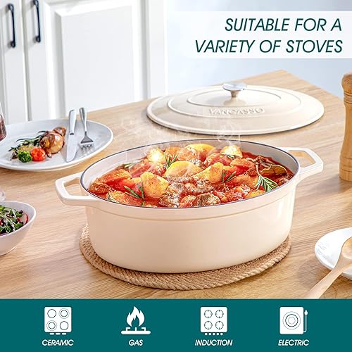 Miniatura 3 de vancansso - Horno holandés de hierro fundido esmaltado, olla de horno holandés de 9.3 cuartos con tapa, olla ovalada de hierro fundido con