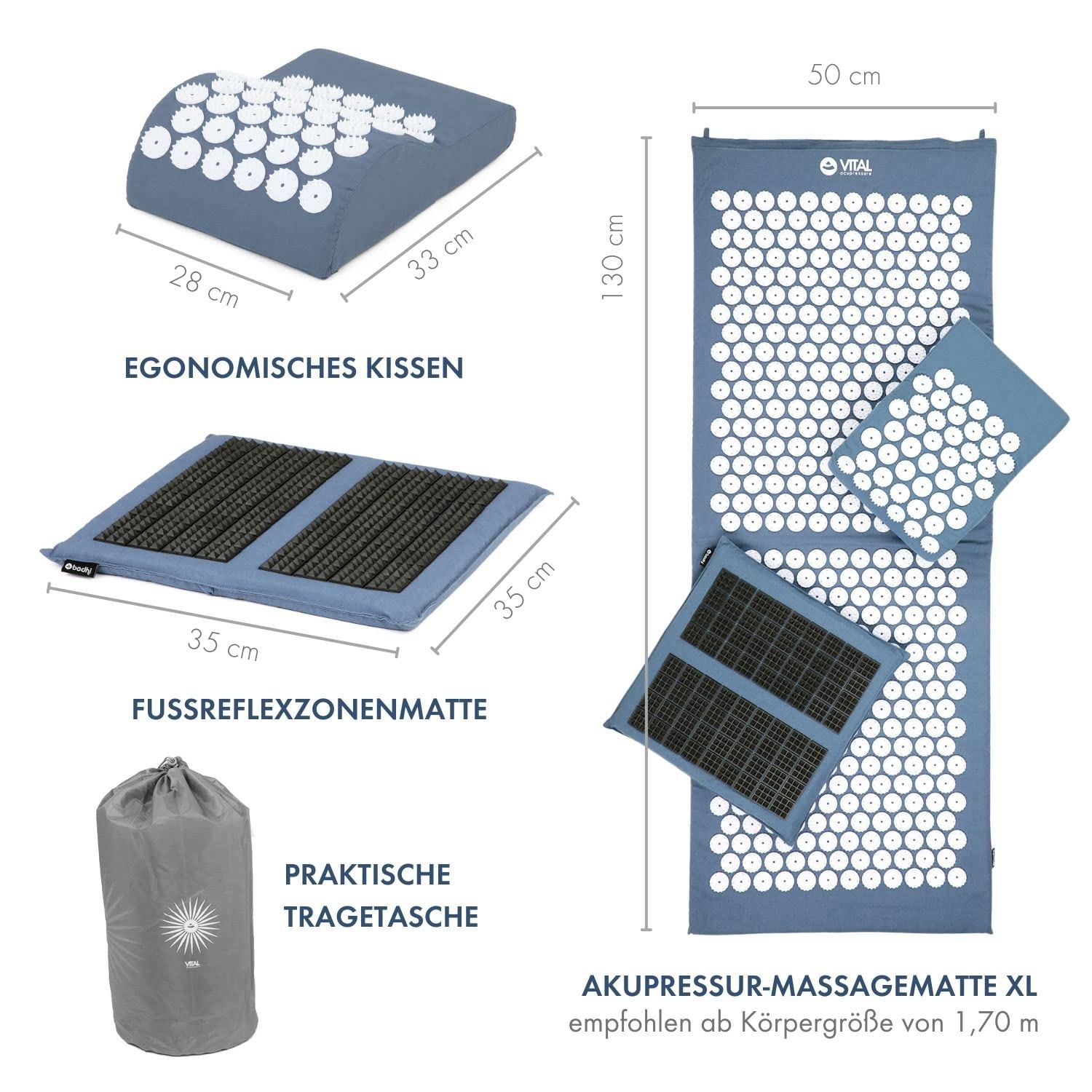 Bodhi Vital - Esterilla de acupresión XL Deluxe, juego de alfombrilla de masaje con alfiletero, felpudo y bolsa, automasaje para el hogar, alfombrilla para el cuello y el dolor de espalda, color azul