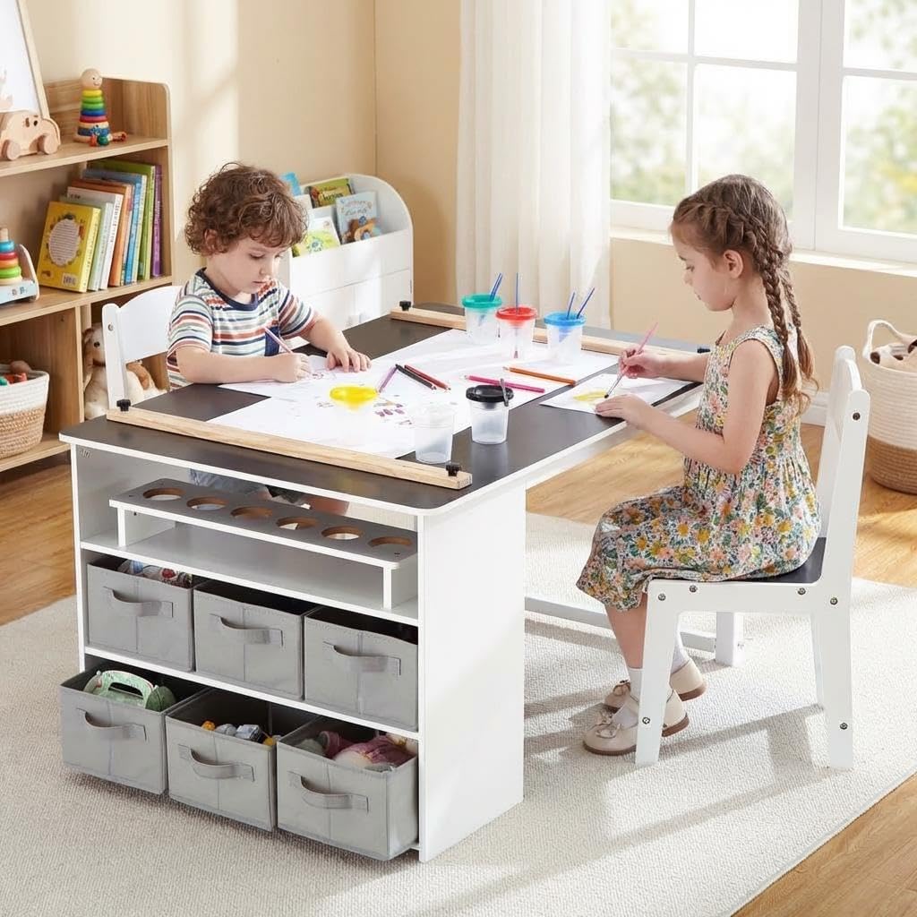 IDEALHOUSE 4-in-1 Kids Art & Study Table Chair Set, Multifunctional Toddler Wooden Activity Desk with Storage Bins, Paper Roll & Organizer for Crafts, Drawing, Learning and Play