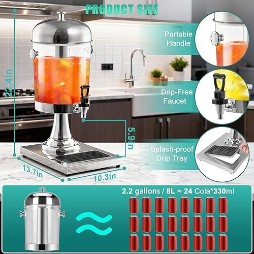 Miniatura 6 de Dispensador de bebidas con soporte, dispensadores de bebidas de acero inoxidable de 2.2 galones para fiestas, dispensador de jugo con núcleo de