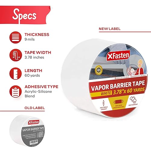 Miniatura 2 de XFasten Cinta de barrera de vapor blanca, 9 mil, 3.78 pulgadas x 60 yardas, cinta de barrera de humedad impermeable para encapsulación de espacio de
