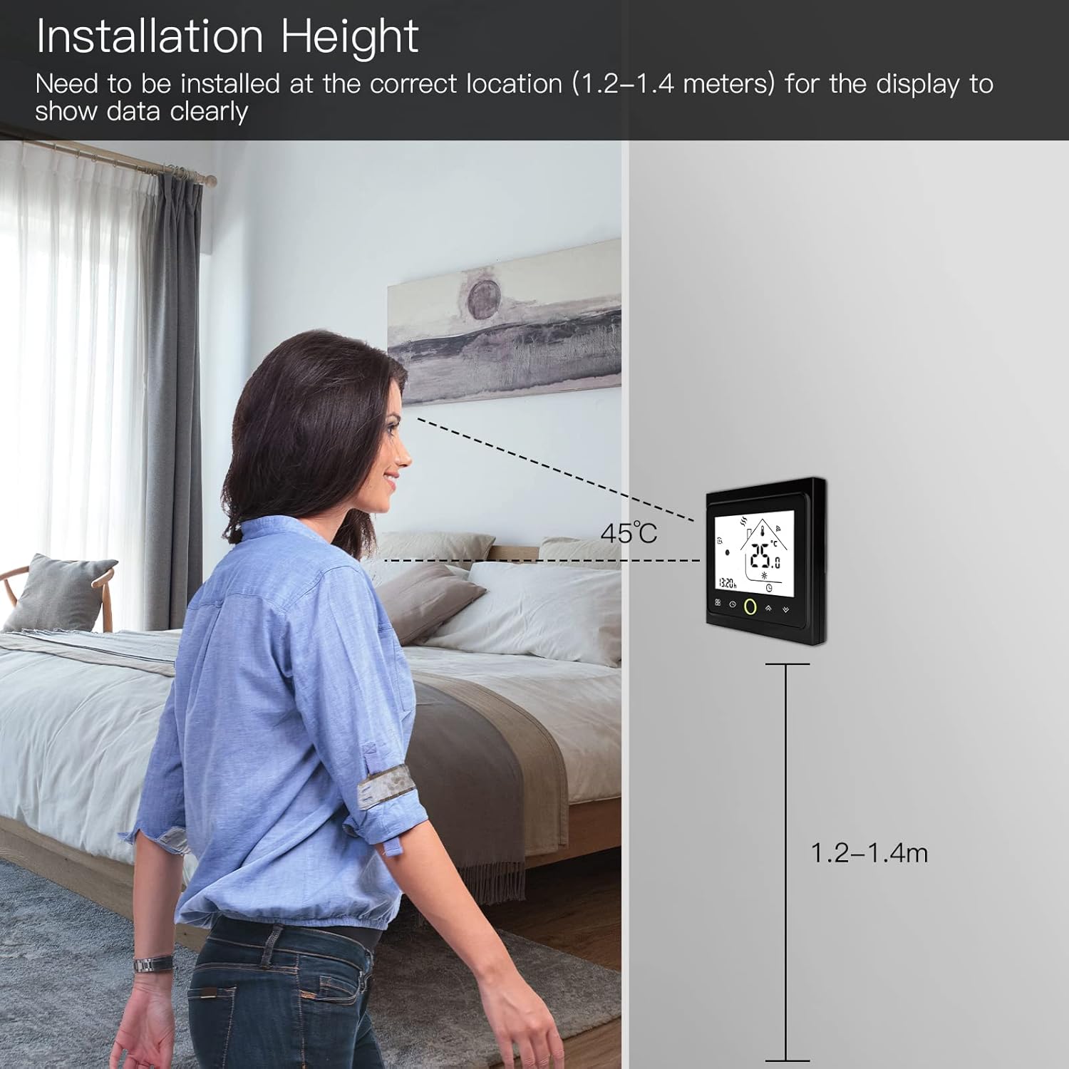 Diagram showing a woman in a bedroom and the recommended installation height for the MoesGo Smart Thermostat, between 1.2 and 1.4 meters from the floor.