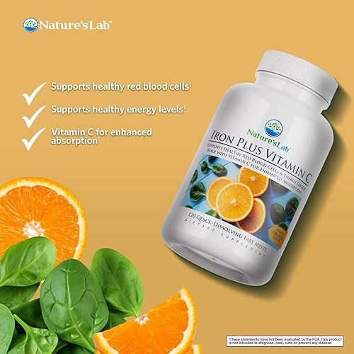 Miniatura 2 de Nature's Lab Hierro Plus Vitamina C Fast Melt Tabletas - Suave con el estómago Carbonil Hierro, Alta Absorción para Glóbulos Rojos Saludables* - 120